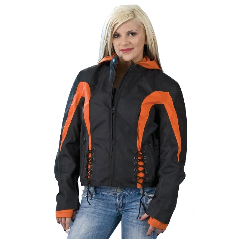 NexGen SH2039 Women's Black and Orange Textile Racer Jacket with Fleece Hoodie Print Jacket Jacquard Jacket Patchwork Jacket NexGen SH2039 Women's Black and Orange Textile Racer Jacket with Fleece Hoodie Print Jacket Jacquard Jacket Patchwork Jacket