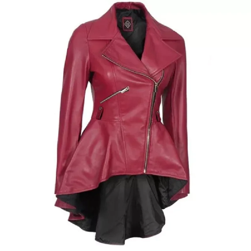 Pink Asymmetrical Peplum Leather Jacket Satin Jacket Silk Jacket Chiffon Jacket