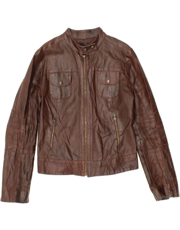 SASCH Womens Biker Leather Jacket UK 10 Small Brown Leather Ribbed Jacket Pleated Jacket Ruffled Jacket SASCH Womens Biker Leather Jacket UK 10 Small Brown Leather Ribbed Jacket Pleated Jacket Ruffled Jacket