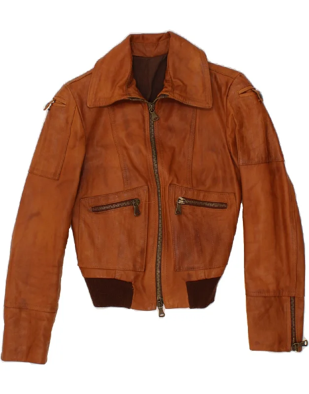 VINTAGE Womens Crop Leather Jacket UK 12 Medium Brown Ribbed Jacket Pleated Jacket Ruffled Jacket VINTAGE Womens Crop Leather Jacket UK 12 Medium Brown Ribbed Jacket Pleated Jacket Ruffled Jacket