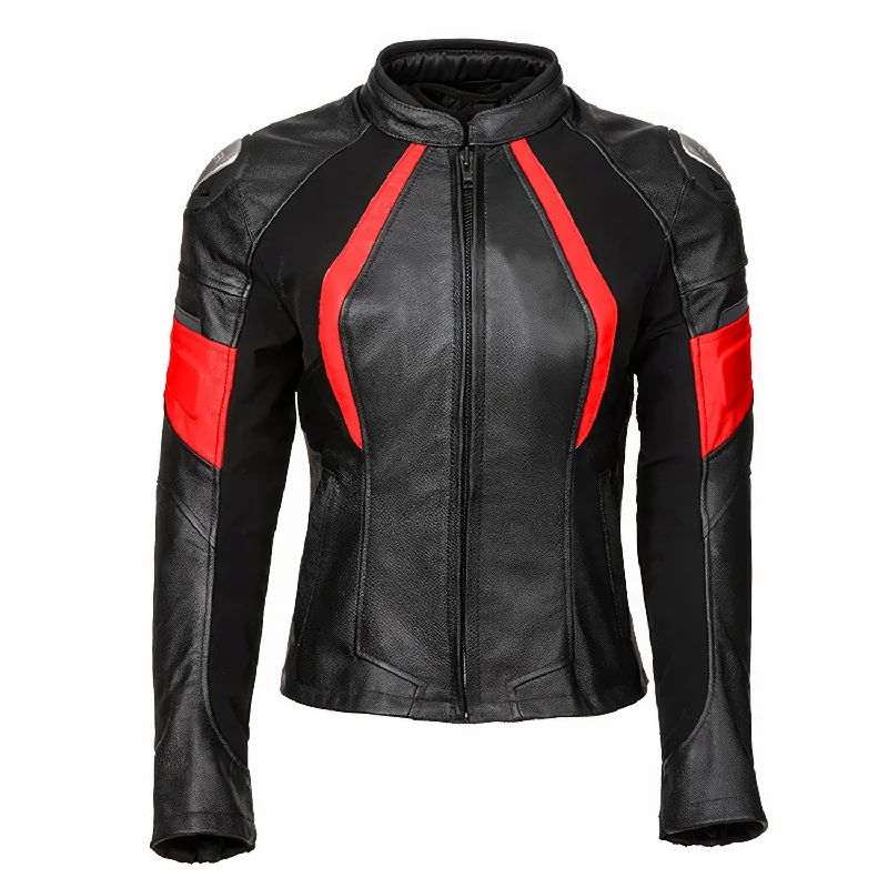 Women’s Black Biker Genuine Cowhide Stand Collar Cycling Protective Red Stripped Slim Fit Moto Racing Four Seasons Leather Jacket Nylon Fabric Polyester Fabric Spandex Fabric Women’s Black Biker Genuine Cowhide Stand Collar Cycling Protective Red Stripped Slim Fit Moto Racing Four Seasons Leather Jacket Nylon Fabric Polyester Fabric Spandex Fabric