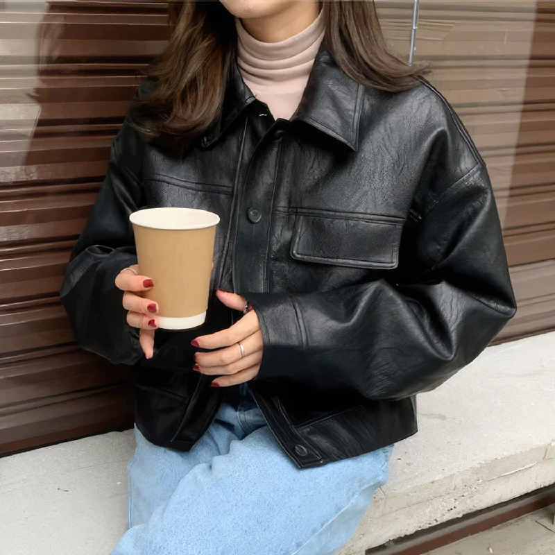 Women’s Black Genuine Sheepskin Drop Shoulders Casual Classic Motor Biker Racer Short Fashionable Lightweight Leather Jacket Trench Coat Raincoat Waterproof Jacket Women’s Black Genuine Sheepskin Drop Shoulders Casual Classic Motor Biker Racer Short Fashionable Lightweight Leather Jacket Trench Coat Raincoat Waterproof Jacket