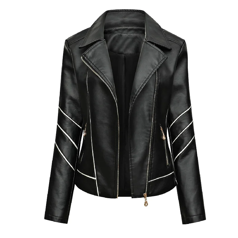 Women’s Black Racer Genuine Sheepskin White Stripes Asymmetric Motorcycle Café Racer Slim Fit Sporty Leather Jacket A-Line Jacket Boat Neck Shawl Collar Women’s Black Racer Genuine Sheepskin White Stripes Asymmetric Motorcycle Café Racer Slim Fit Sporty Leather Jacket A-Line Jacket Boat Neck Shawl Collar