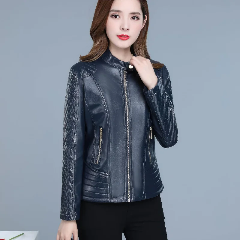 Women’s Blue Genuine Sheepskin Diamond Quilted Sleeves Smooth Lightweight Korean Fashion Slim Fit Retro Leather Jacket Notch Collar Jacket Peter Pan Collar Jacket Cowl Neck Jacket Women’s Blue Genuine Sheepskin Diamond Quilted Sleeves Smooth Lightweight Korean Fashion Slim Fit Retro Leather Jacket Notch Collar Jacket Peter Pan Collar Jacket Cowl Neck Jacket