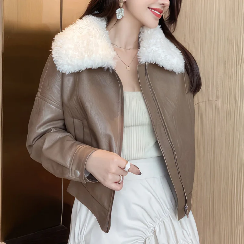 Women’s Brown Genuine Sheepskin Sherpa Shearling Faux Fur Lined Korean Style Oversized Winter Warm Motorcycle Leather Jacket Jacket Blazer Coat Women’s Brown Genuine Sheepskin Sherpa Shearling Faux Fur Lined Korean Style Oversized Winter Warm Motorcycle Leather Jacket Jacket Blazer Coat