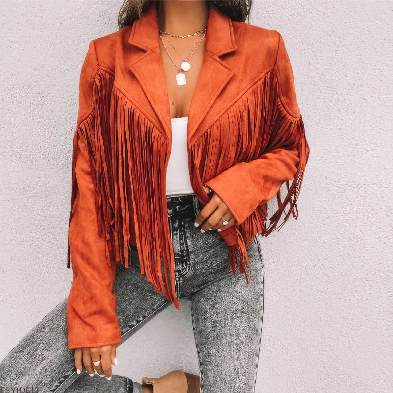 Women’s Orange Genuine Suede Tassel Lapel Long Sleeve Motor Biker Native American Vintage Cropped Leather Jacket Tiered Jacket Buttoned Jacket Zippered Jacket Women’s Orange Genuine Suede Tassel Lapel Long Sleeve Motor Biker Native American Vintage Cropped Leather Jacket Tiered Jacket Buttoned Jacket Zippered Jacket