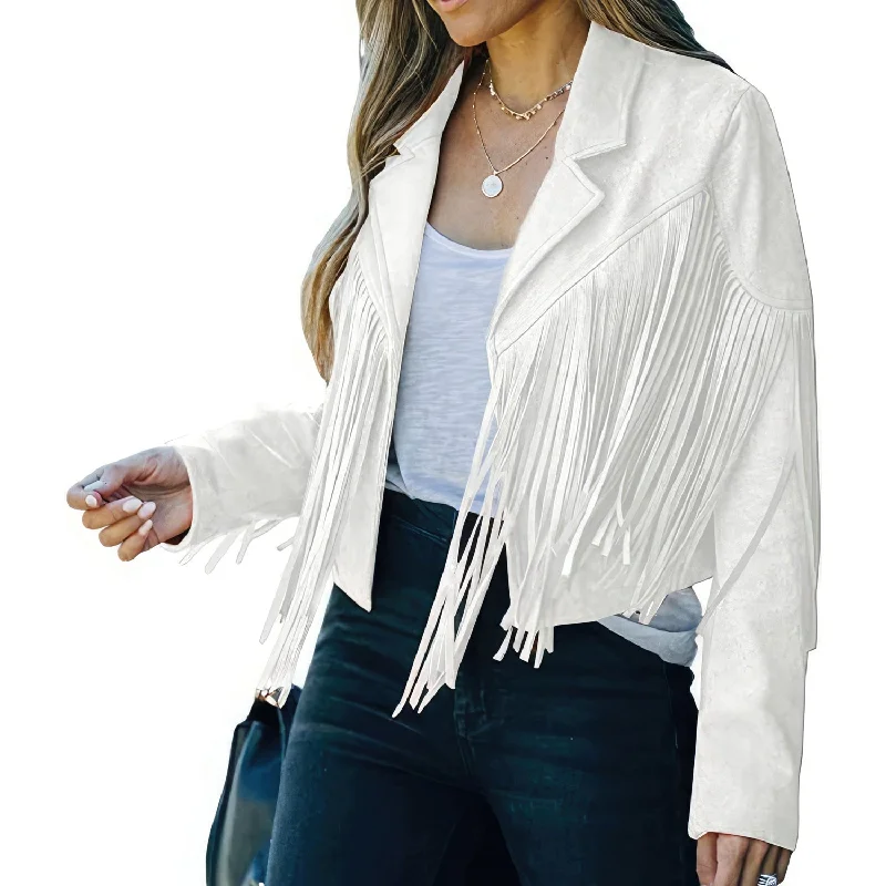 Women’s White Genuine Suede Tassel Lapel Long Sleeve Motor Biker Native American Vintage Cropped Leather Jacket Wool Jacket Cashmere Jacket Tweed Jacket Women’s White Genuine Suede Tassel Lapel Long Sleeve Motor Biker Native American Vintage Cropped Leather Jacket Wool Jacket Cashmere Jacket Tweed Jacket