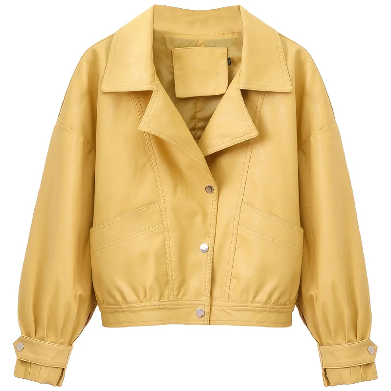 Women’s Yellow Biker Genuine Sheepskin Loose Batwing Sleeves Motorcycle Biker Punk Streetwear Classic Lightweight Leather Jacket Front Pockets Side Pockets Patch Pockets Women’s Yellow Biker Genuine Sheepskin Loose Batwing Sleeves Motorcycle Biker Punk Streetwear Classic Lightweight Leather Jacket Front Pockets Side Pockets Patch Pockets