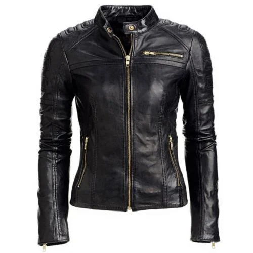 Women's Black Slim Fit Motorcycle Biker Bomber Leather Jacket Fleece Jacket Down Jacket Feather Jacket Women's Black Slim Fit Motorcycle Biker Bomber Leather Jacket Fleece Jacket Down Jacket Feather Jacket