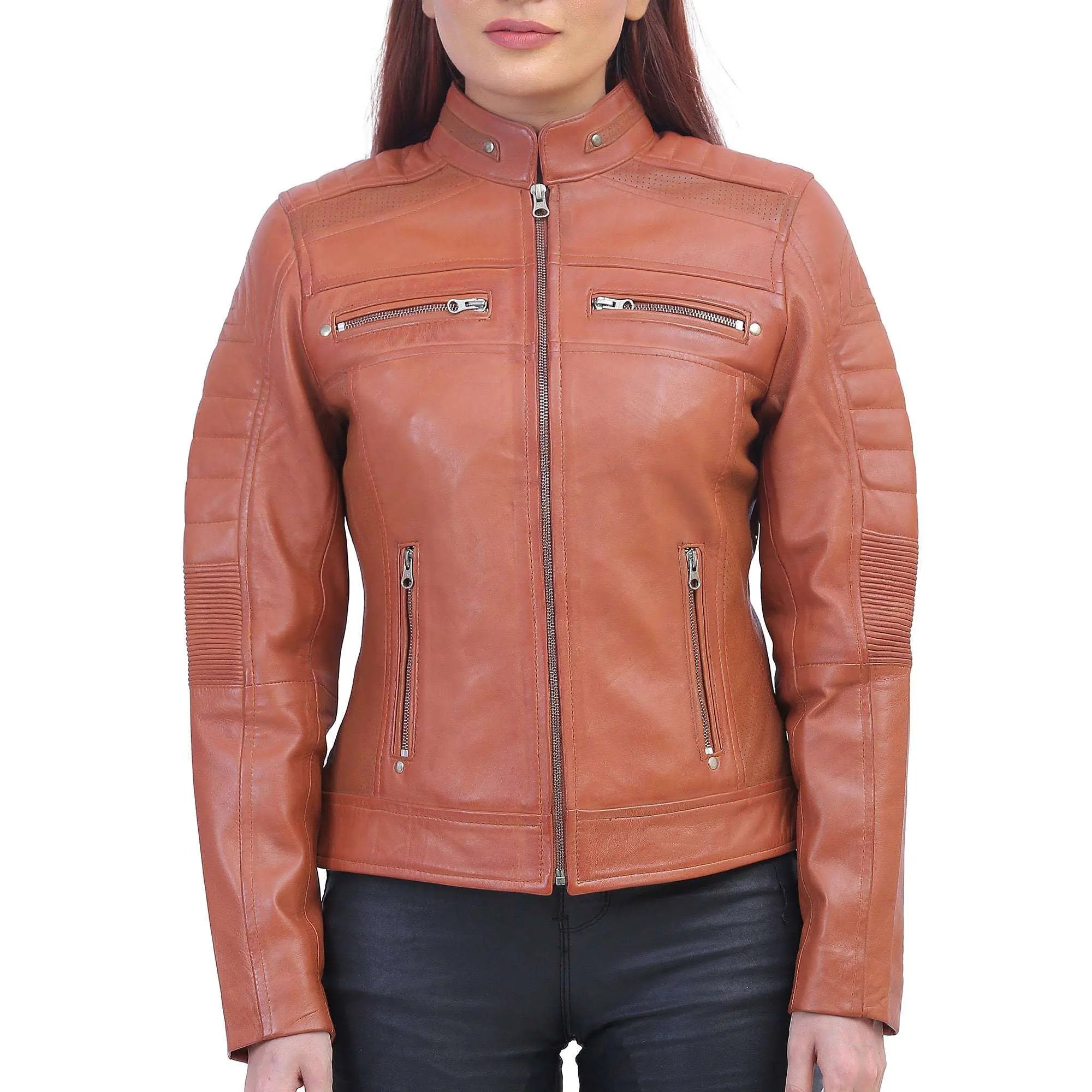 Womens Brown Cafe Racer Jacket Denim Fabric Leather Fabric Suede Fabric