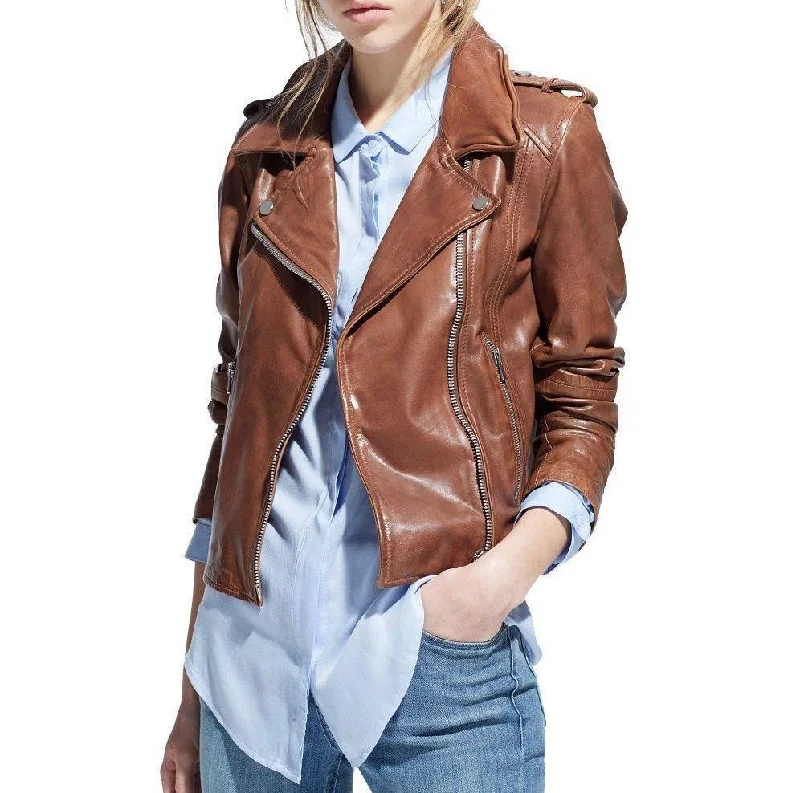 Women's Genuine Leather Motorcycle Slim Fit Brown Biker Jacket Striped Jacket Polka Dot Jacket Floral Jacket Women's Genuine Leather Motorcycle Slim Fit Brown Biker Jacket Striped Jacket Polka Dot Jacket Floral Jacket