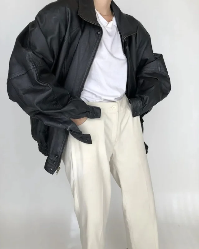 Women's Handmade Oversize Real Leather Black Bomber Jacket Notch Collar Peter Pan Collar Cowl Neck Women's Handmade Oversize Real Leather Black Bomber Jacket Notch Collar Peter Pan Collar Cowl Neck