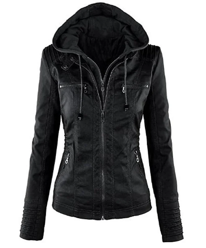 Women's Hooded Black Biker Motorcycle Real Leather Jacket Stylish Slim Fit Black Appliqued Jacket Beaded Jacket Sequined Jacket Women's Hooded Black Biker Motorcycle Real Leather Jacket Stylish Slim Fit Black Appliqued Jacket Beaded Jacket Sequined Jacket