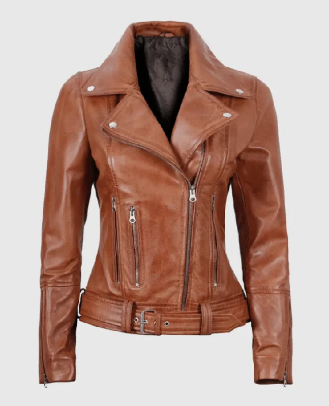 Women's Light Brown Asymmetrical Leather Biker Jacket - Belted Chenille Fabric Brocade Fabric Lace Fabric Women's Light Brown Asymmetrical Leather Biker Jacket - Belted Chenille Fabric Brocade Fabric Lace Fabric