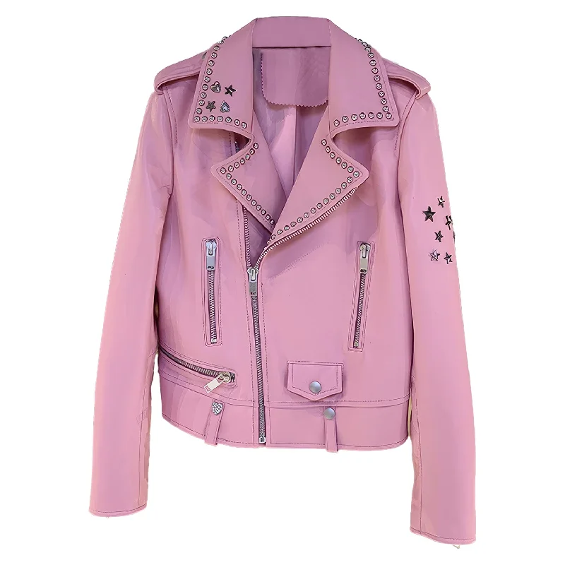 : Women’s Pink Biker Genuine Sheepskin Lapel Studded Collar Celebrity Style Sporty Café Racer Slim Fit Leather Jacket Nylon Jacket Polyester Jacket Spandex Jacket : Women’s Pink Biker Genuine Sheepskin Lapel Studded Collar Celebrity Style Sporty Café Racer Slim Fit Leather Jacket Nylon Jacket Polyester Jacket Spandex Jacket