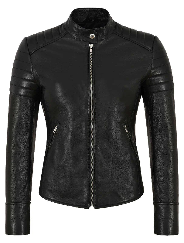 WOMENS REAL LEATHER CASUAL BLACK DESIGNER JACKET CLASSIC PLAIN SHEEP LEATHER JACKET Front Pockets Side Pockets Patch Pockets WOMENS REAL LEATHER CASUAL BLACK DESIGNER JACKET CLASSIC PLAIN SHEEP LEATHER JACKET Front Pockets Side Pockets Patch Pockets