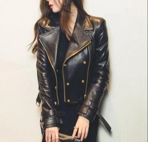 Women's Rosie Black Moto Style Genuine Leather Motorcycle Slim fit Biker Jacket Zip Front Button Front Snap Front Women's Rosie Black Moto Style Genuine Leather Motorcycle Slim fit Biker Jacket Zip Front Button Front Snap Front