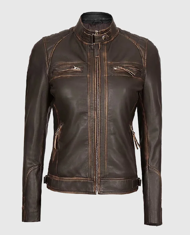Women's Rub Off Dark Brown Quilted Leather Cafe Racer Jacket Bomber Jacket Anorak Windbreaker Women's Rub Off Dark Brown Quilted Leather Cafe Racer Jacket Bomber Jacket Anorak Windbreaker