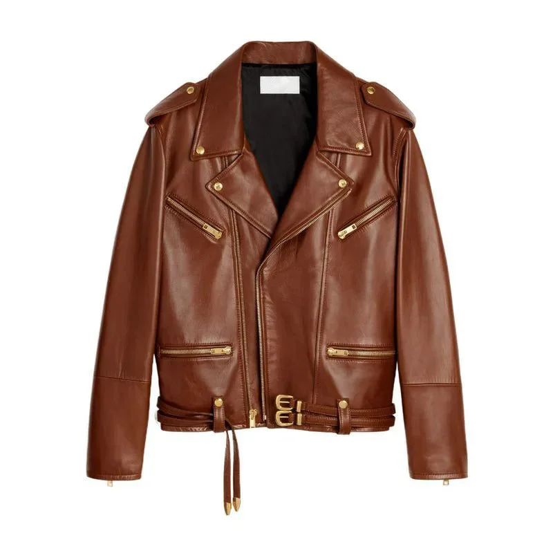 Women's Sheepskin Leather Double Belt Motorcycle Jacket with Zipper Tailored Jacket Straight Jacket A-Line Jacket Women's Sheepskin Leather Double Belt Motorcycle Jacket with Zipper Tailored Jacket Straight Jacket A-Line Jacket