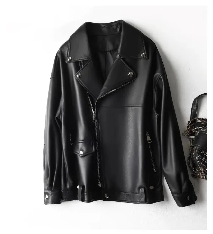 Women's Sheepskin Leather Motorcycle Jacket Print Jacket Jacquard Jacket Embroidered Jacket Women's Sheepskin Leather Motorcycle Jacket Print Jacket Jacquard Jacket Embroidered Jacket