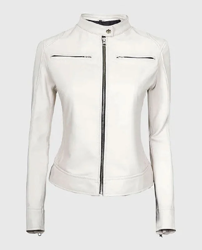 Women's White Leather Cafe Racer Jacket Toggled Jacket Drawstring Jacket Belted Jacket Women's White Leather Cafe Racer Jacket Toggled Jacket Drawstring Jacket Belted Jacket
