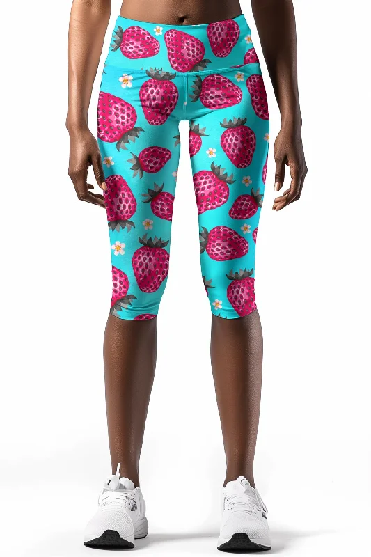 Berry Cute Ellie Blue Strawberry Print Yoga Capri Leggings - Women