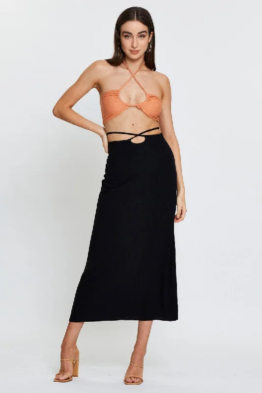 Black Linen Blend Wrap Tie Waist Maxi Skirt