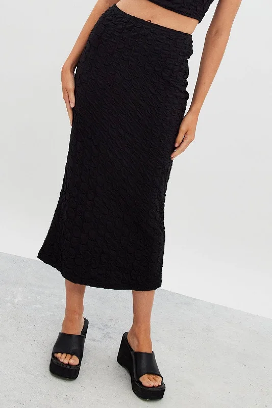 Black Maxi Skirt High Rise Bodycon Textured Jersey