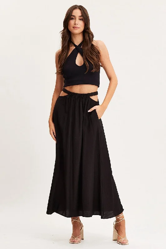 Black Maxi Skirt High Rise Cut Out