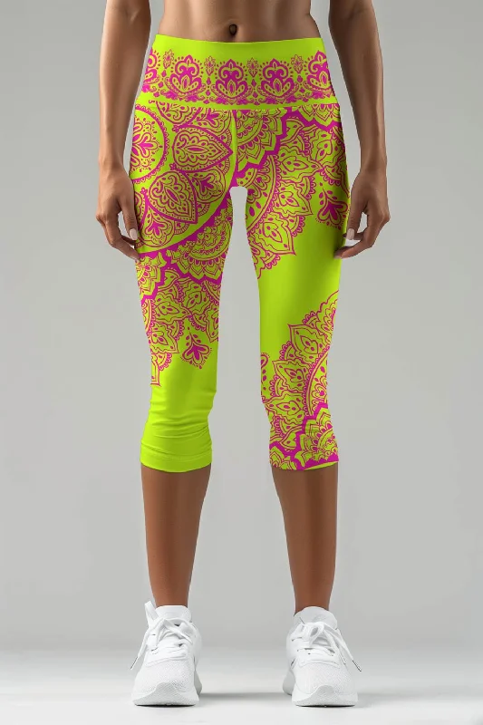 Blossom Nirvana Ellie Yellow Pink Performance Capri Leggings - Women