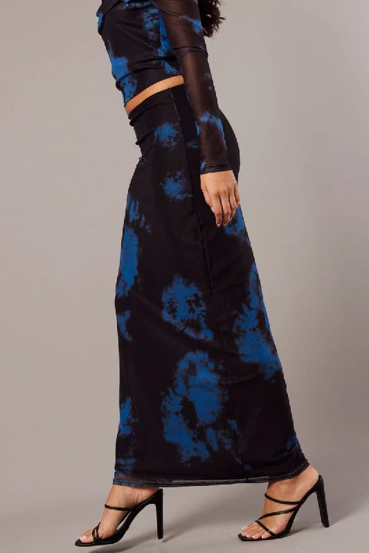 Blue Abstract Maxi Skirt High Rise Mesh