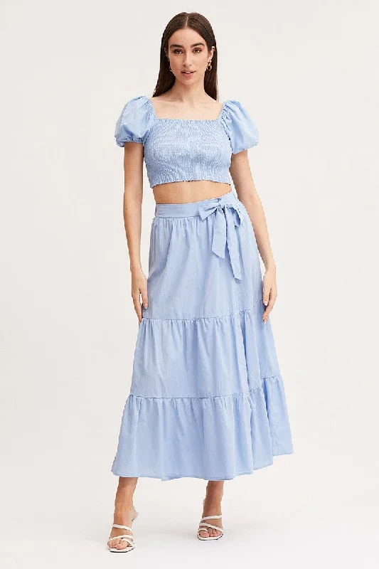 Blue Maxi Skirt High Rise Tiered