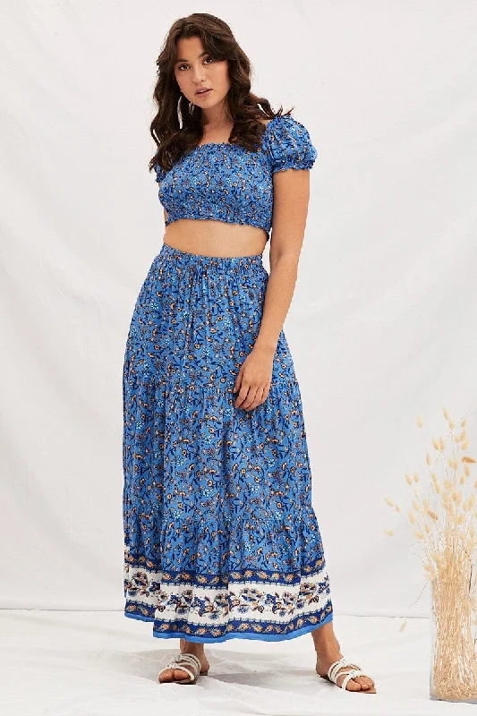 Boho Print Elastic Waist Boho Tiered Maxi Skirt