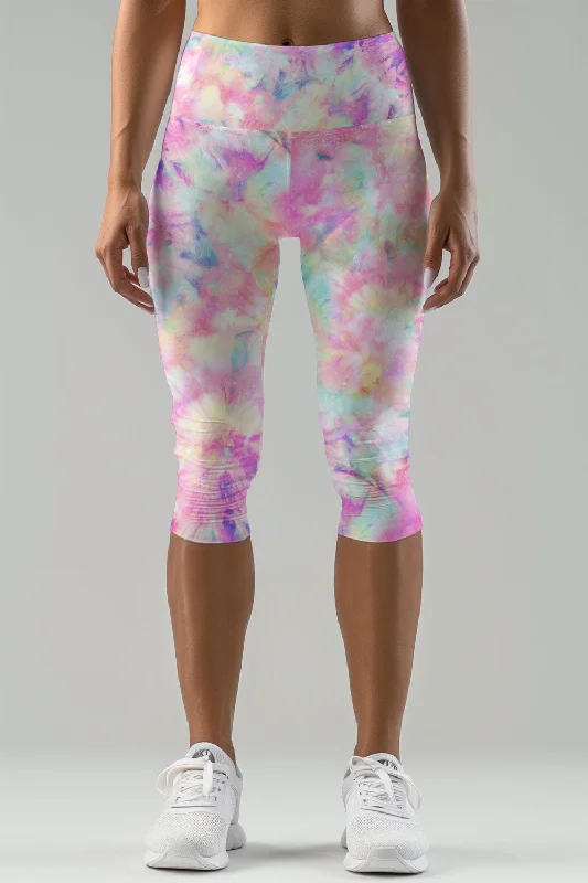 Girly Swirl Ellie Pink Tie Dye Performance Yoga Capri Leggings - Women