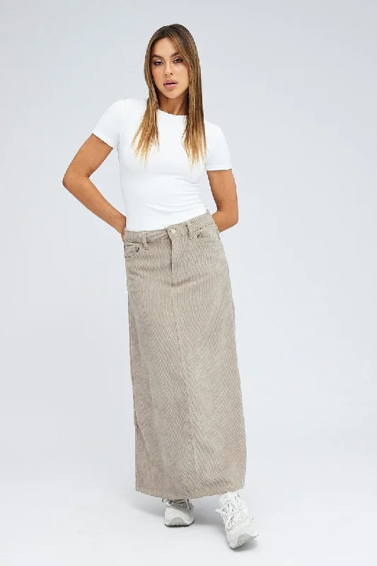 Grey Maxi Skirt High Rise A-line Corduroy