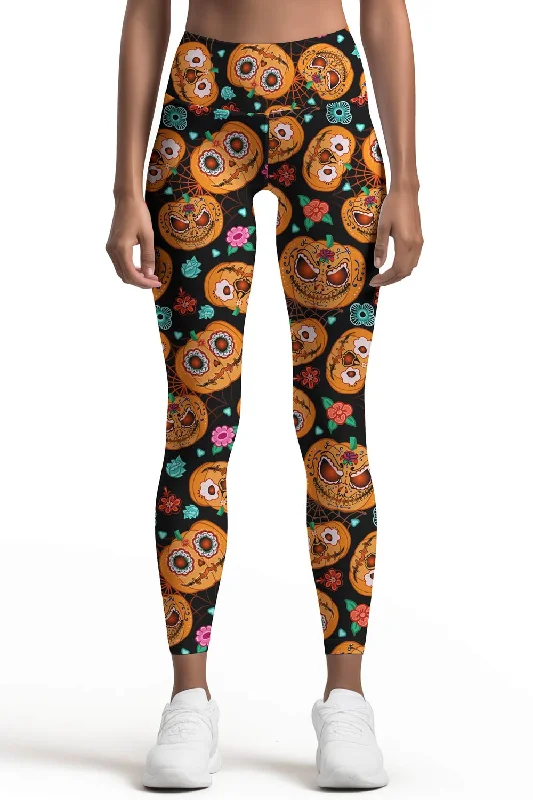 Halloweird Lucy Black & Orange Pumpkin Print Yoga Leggings - Women