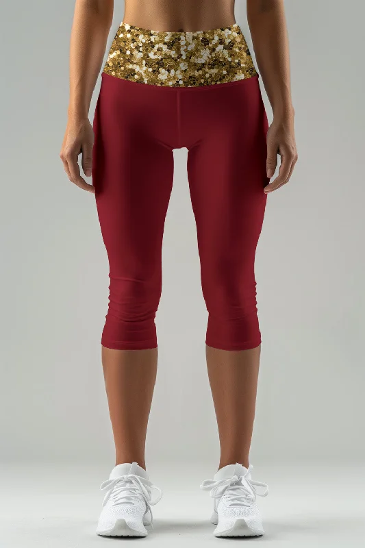 Haute Maroon Ellie Gold Glitter Print Yoga Capri Leggings - Women