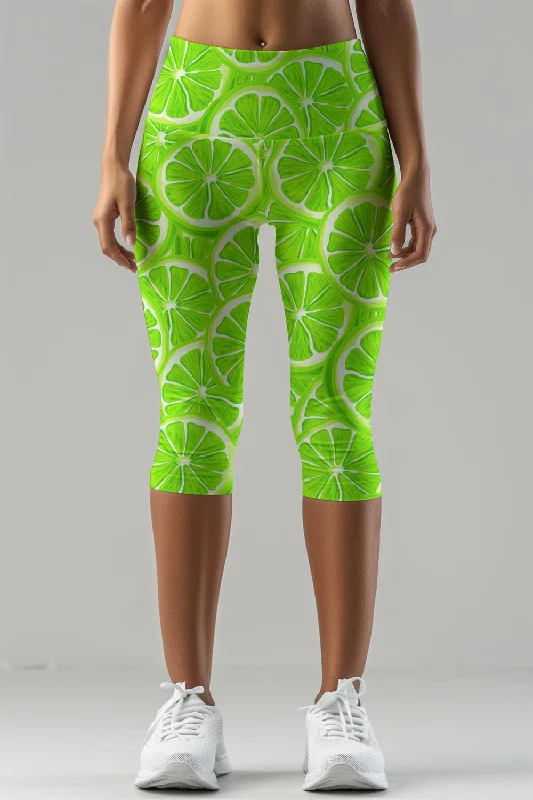 Lime Avenue Ellie Green Lemon Printed Gym Yoga Capri Leggings - Women