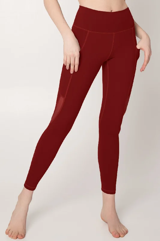 BF SALE! Maroon Red Cassi Workout Yoga Leggings with Mesh & Pockets - Women