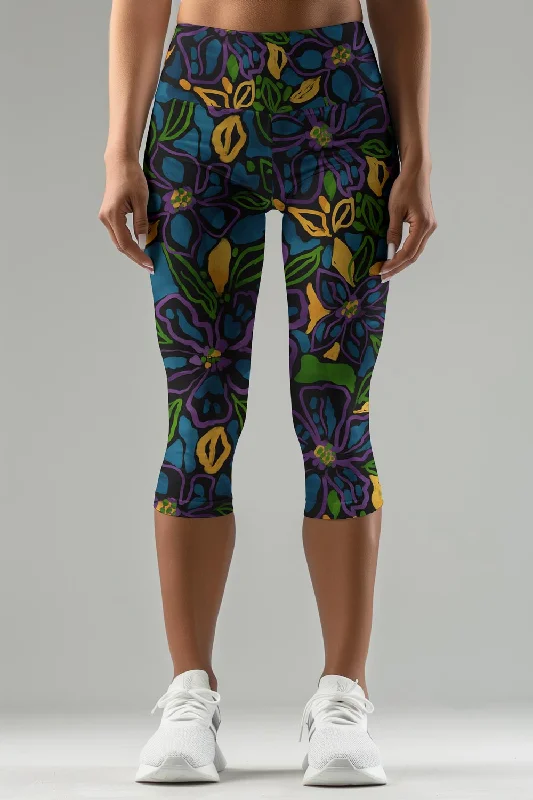 Mauritius Ellie Blue Floral Print Athletic Yoga Capri Leggings - Women