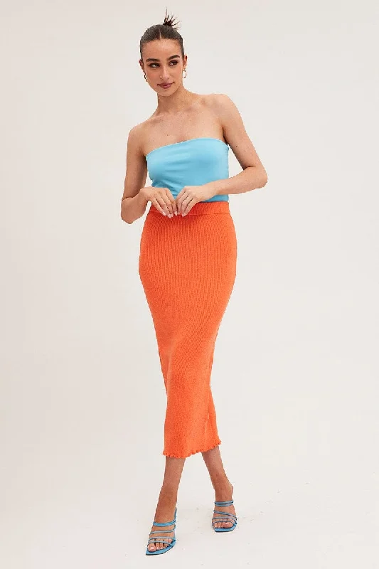 Orange Maxi Skirt Knit High Waist