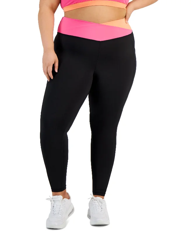 Plus Size Compression Colorblocked Side-Pocket 7/8-Leggings