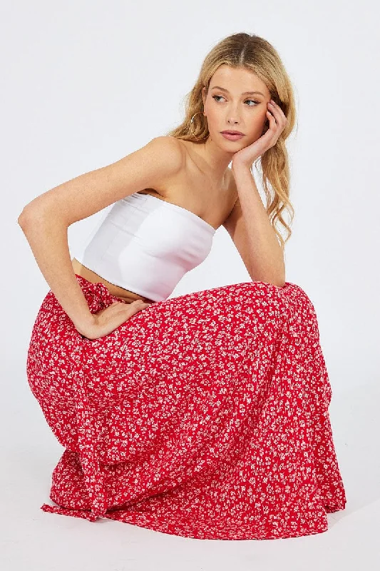 Red Floral Maxi Skirt High Rise Wrap