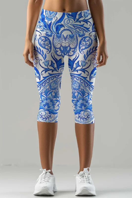 Santorini Ellie White Blue Performance Yoga Capri Leggings - Women