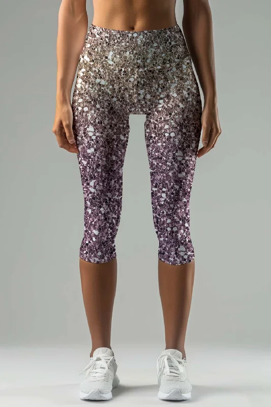 Shimmerfest Ellie Grey Shiny Sparkle Print Yoga Capri Leggings - Women