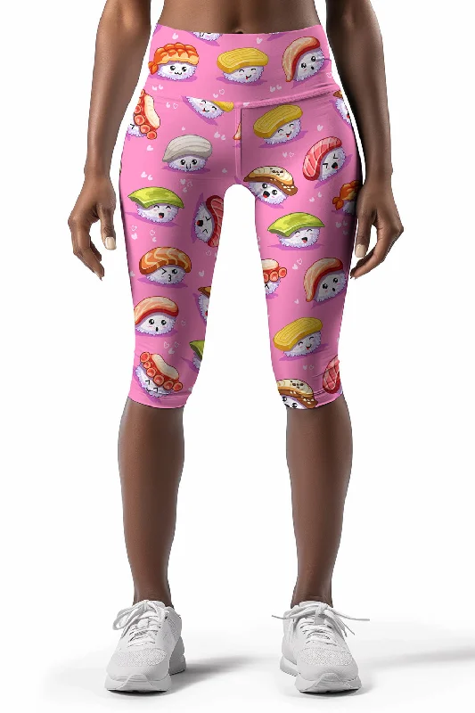 Soymates Ellie Pink Sushi Print Performance Capri Leggings - Women