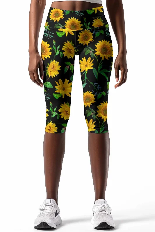 Sunnyflower Ellie Black & Yellow Floral Yoga Capri Leggings - Women