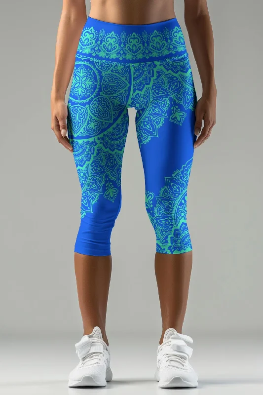 Surfing Nirvana Ellie Blue Boho Performance Yoga Capri Legging - Women