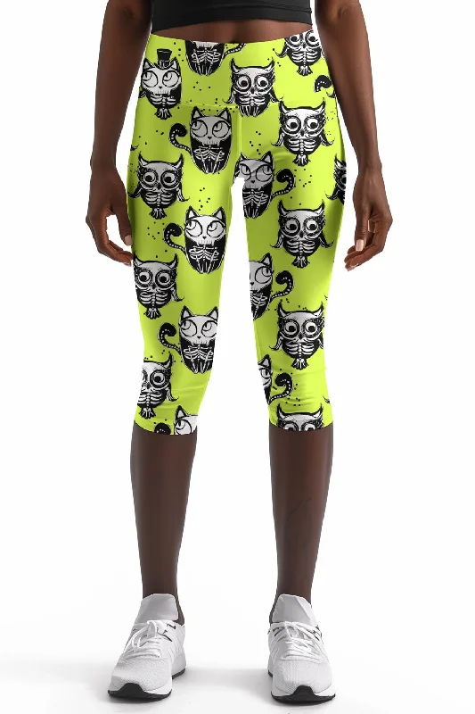 Voodoo Ellie Yellow Skeleton Print Workout Yoga Capri Leggings - Women