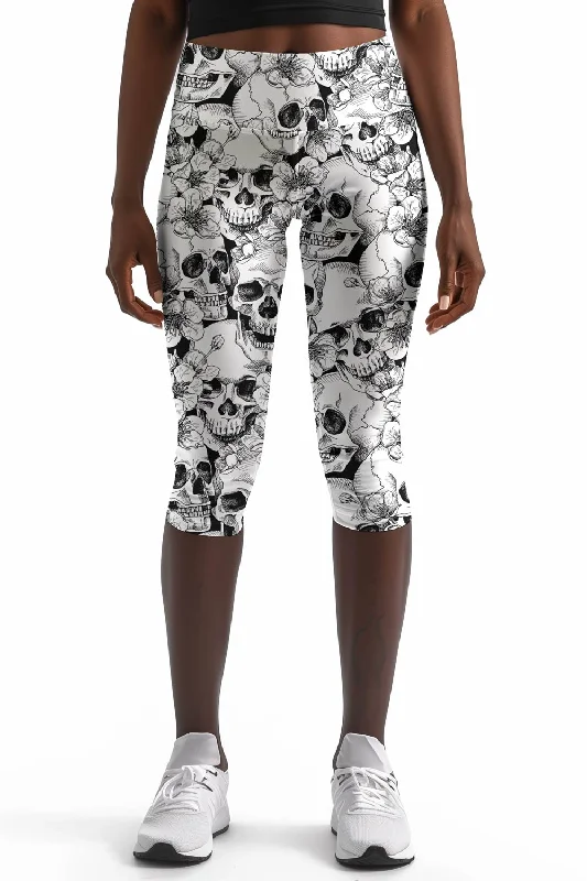 White Witch Ellie Skull Print Performance Yoga Capri Leggings - Women